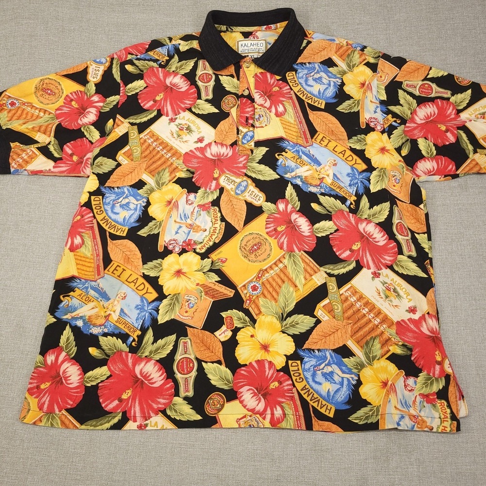 VTG Kalaheo Hawaiian Style Polo Shirt Size XL All Over Print Rayon Blend
